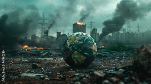 A gloomy representation of planet Earth in the foreground  set against a backdrop of urban destruction and dark smoke.