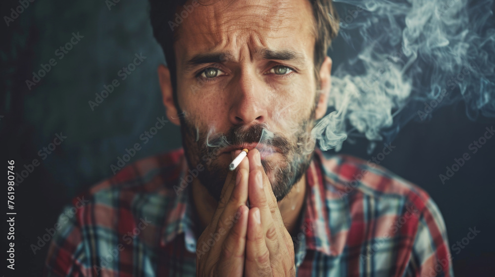A close-up portrait of a pensive man exhaling smoke while holding a lit cigarette in a dimly lit setting. - obrazy, fototapety, plakaty 