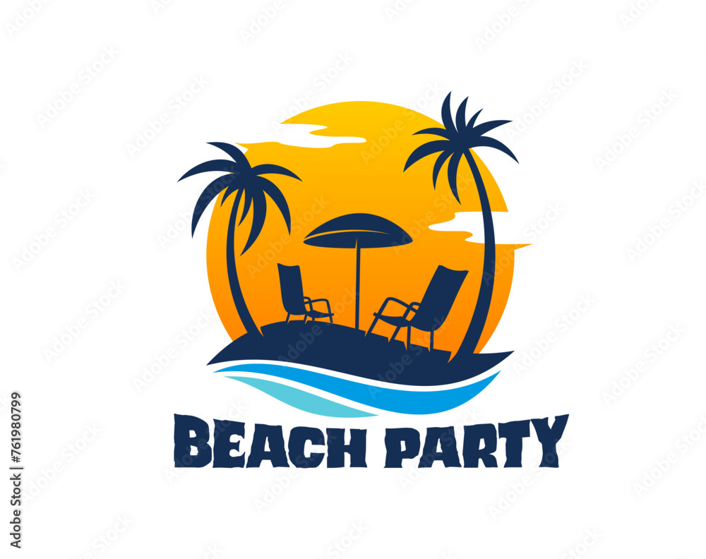 Beach party icon of summer tropical paradise island with palms and sun, vector badge. Sea travel and holiday vacation sign for music fest or beach party and summer dance bar with umbrella and sunset
