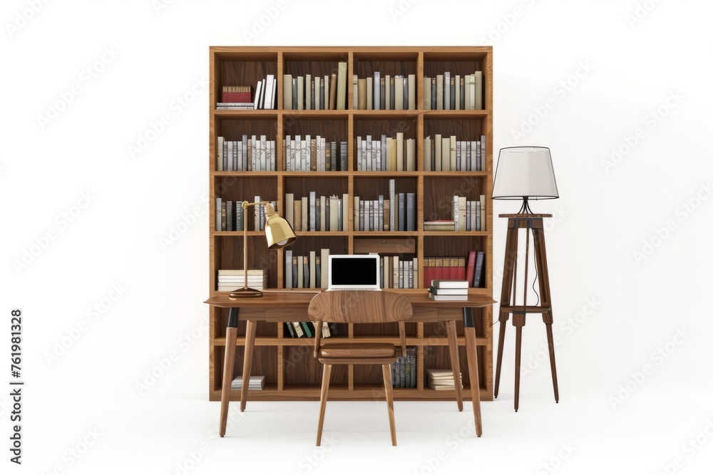 3D Render of study nook with desk, bookshelves, and reading lamp, on isolated white background, Generative AI