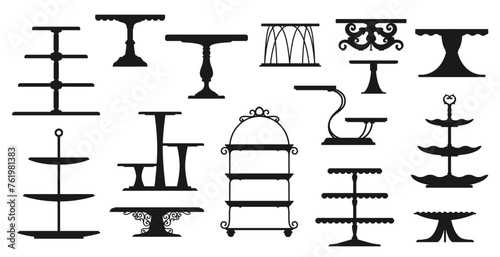 Tea cake platter or stand tray silhouettes of dessert plates and table tiers, vector icons. Restaurant food serving platters and wedding cake stands, bakery pies podium dish and pastry sweets trays