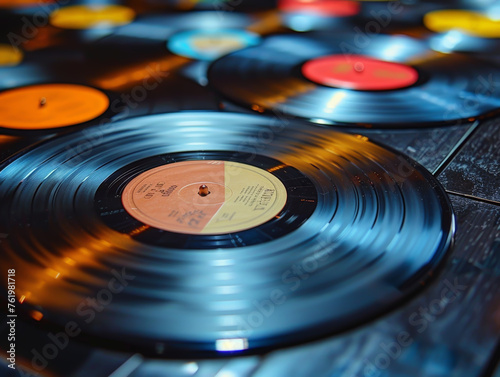 A close-up shot of a collection of vintage vinyl records with colorful labels. 