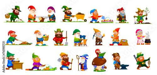 Cartoon gnome or dwarf characters. Cute elves personages with vector garden flowers, mushroom, wheelbarrow and lantern. Fairytale gnome miner, farmer and blacksmith, dwarf wizard, hunter or lumberjack