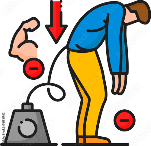 Hematology, anemia disease weakness symptom color line icon. Cardiology disease, hematology symptom or anemia diagnose linear vector symbol. Health care line icon or pictogram with weak and tired man