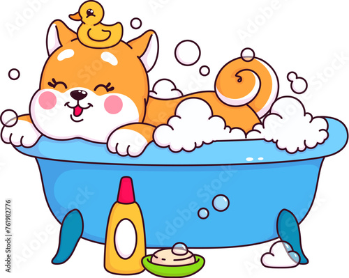 Japanese kawaii shiba inu puppy bathing in the bath. Isolated vector cute dog relax in tub with fluffy foam and yellow rubber duck toy on its head. Adorable pet personage washing and applying hygiene