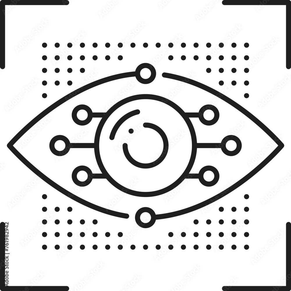 Obraz premium Machine vision and learning, AI artificial intelligence algorithm icon. AI data analysis, technology future innovation, machine learning science thin line vector pictogram with artificial eyeball