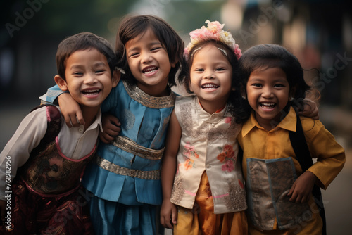 Multicultural children wearing national costumes. International Children's Day. Unity