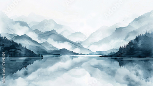 Ink style landscape painting in blue tones, ink style landscape painting concept illustration © lin