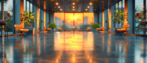 Beautiful blurred background of a light modern office interior with panoramic windows and beautiful lighting.Generative ai