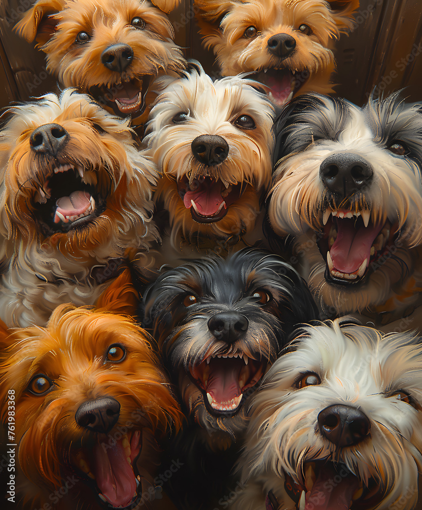 Group of canine companions posing with mouths wide open for a picture