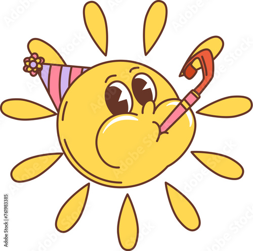 retro cartoon groovy holiday sun character in party hat, blowing festive pipe with rays beaming in vibrant birthday celebration. Isolated vector vintage personage with positive facial expression
