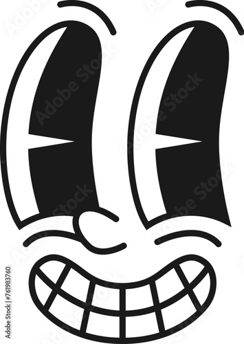 Cartoon character with amusing eyes, a toothy grin, and a retro cute emoji vibe. Isolated vector funky personage conveying joyful, delighted facial expressions in a fun, cartoon vintage comic style