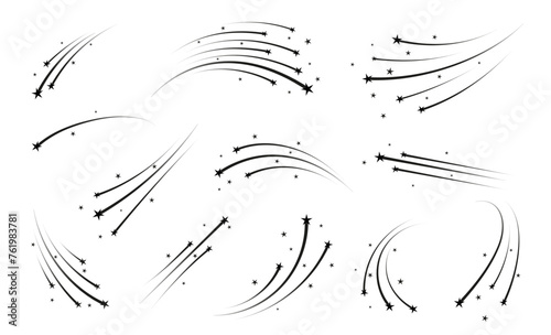 Shooting space stars with trails or Christmas starburst of falling comets with tails, vector icons. shooting stars trails of holiday fireworks or celebration star sparks and birthday party sparklers