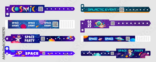 Space party paper bracelets with characters. Holiday hand wristband mockup for cosmic-themed celebrations. Vector set of celestial bands with aliens, rockets and astronauts, ufo, planets and stars