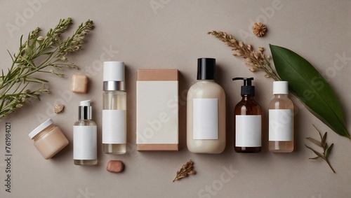 Mockup of cosmetic bottles with blank label and dried flowers, Natural organic cosmetics.