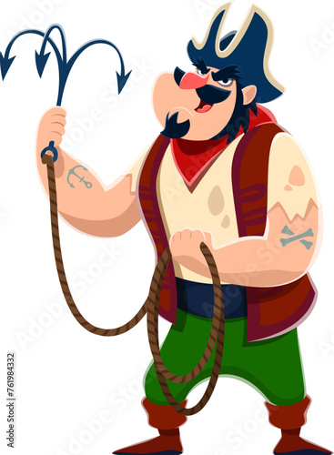 Cartoon pirate sailor character with grappling hook. Isolated vector swashbuckling, adventurous buccaneer in vest, eye patch and tricorn, bearded corsair ready for robbery and boarding ships in sea