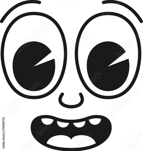 Cartoon comic groovy smile face, funny eye emotion and retro cute emoji character. Isolated vector surprised or astonished personage radiates positive vibes with wide open mouth, wow facial expression