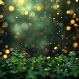 Beautiful festive background with shining clover shamrocks and golden bokeh, perfect for St. Patrick's day celebrations and decorations.