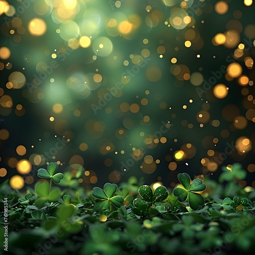 Beautiful festive background with shining clover shamrocks and golden bokeh, perfect for St. Patrick's day celebrations and decorations.
