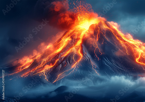 erupting volcano. emission of ash, lava.
