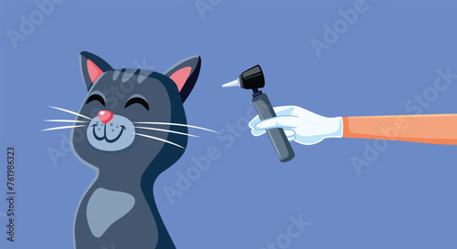 Vector Cat Having its Ears Checked at the Veterinary Clinic. Veterinarian examining a pet mascot with otoscope tool in a clinic 
