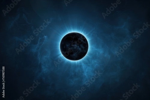 Hyperrealistic depiction of a solar eclipse with a dark planet and bright corona.
