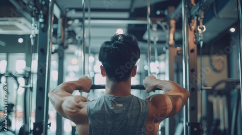 Young Man Exercising with Fitness Machine at Gym: Back view.