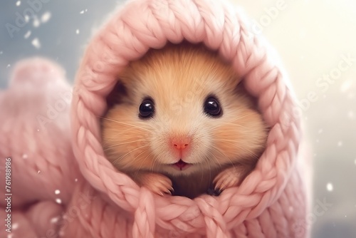 A chubby hamster with rosy cheeks snuggling in a soft woolen hat