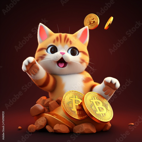 Utilize three-dimensional design techniques to bring a playful and whimsical element to your depiction of a cat holding a Bitcoin symbolcute animation photo