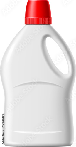 Realistic liquid laundry detergent plastic bottle or container 3d mockup, vector household cleaning product package. Laundry detergent, fabric softener, soap and bleach blank white bottle with handle