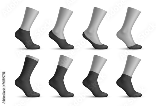 Realistic man socks, 3d vector black sox mockups for fashion and sportswear designs. Isolated fabric, elastic socks templates feature cotton toe-cover, no-show, extra or low cut, quarter and mid calf photo
