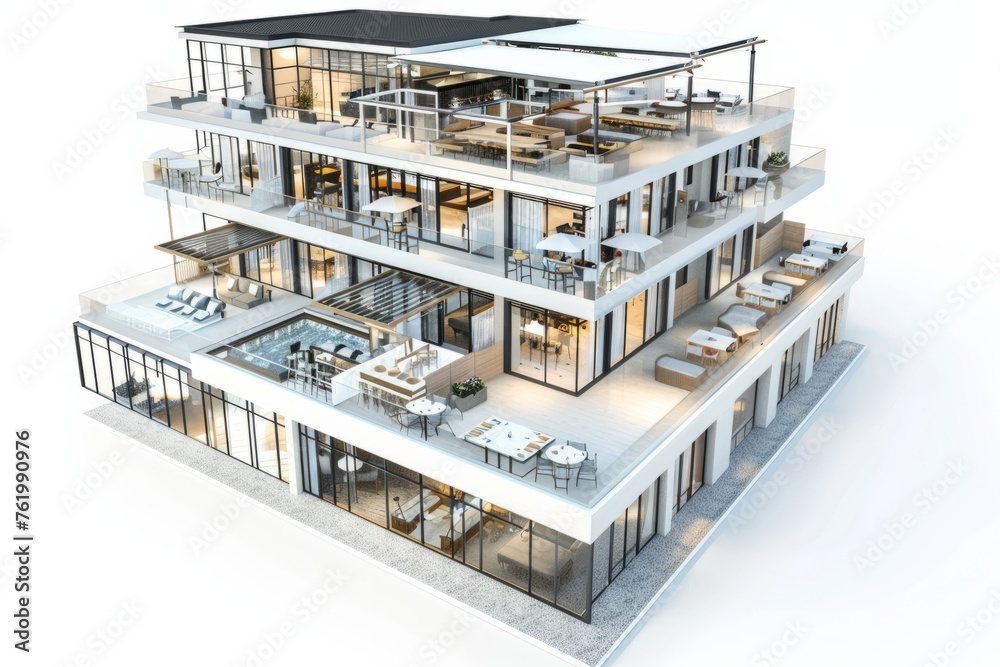 3D Render of contemporary hotel building with multiple floors, rooftop pool, and outdoor dining area, on isolated white background, Generative AI 3D Render of contemporary hotel building with multiple floors, rooftop pool, and outdoor dining area, on isolated white background, Generative AI
