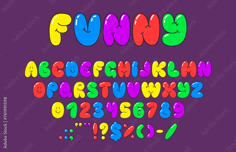 Cute bubble font, funny playful typeface, summer english alphabet, cartoon comic type. Bubblegum font typeset letters and digits, funny latin alphabet vector figures and numbers, childish English ABC - obrazy, fototapety, plakaty 