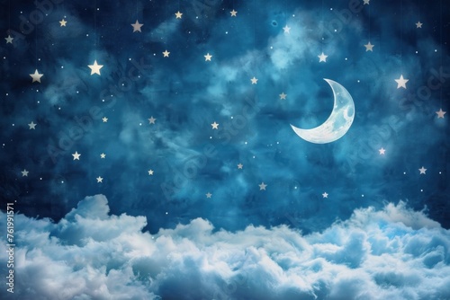 Night sky with crescent moon and stars on clouds.