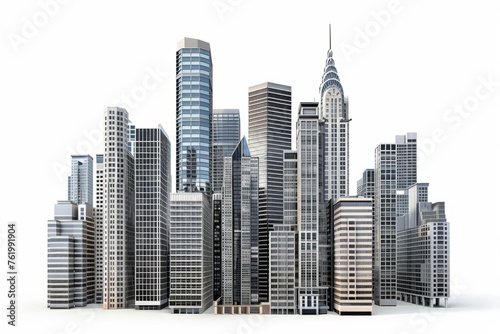 3D Render of financial district with skyscrapers, banks, and stock exchange buildings, on isolated white background, Generative AI