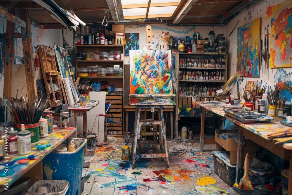 A wide-angle view of a vibrant and diverse artists studio filled with paintbrushes, canvases, and tubes of paint scattered around