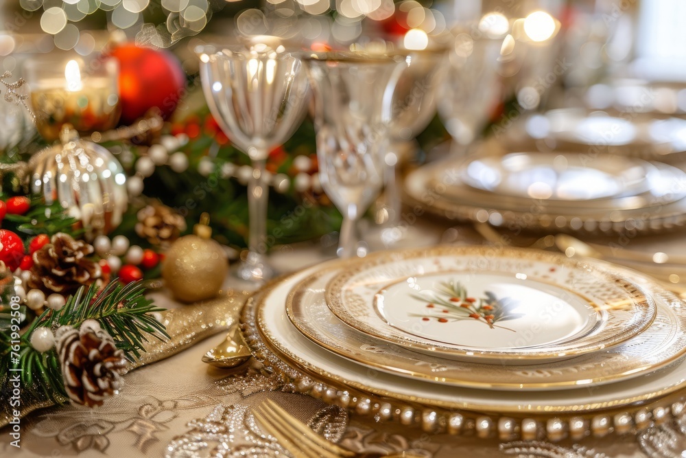A beautifully decorated Christmas table set with gold and white plates, sparkling glassware, and festive centerpieces