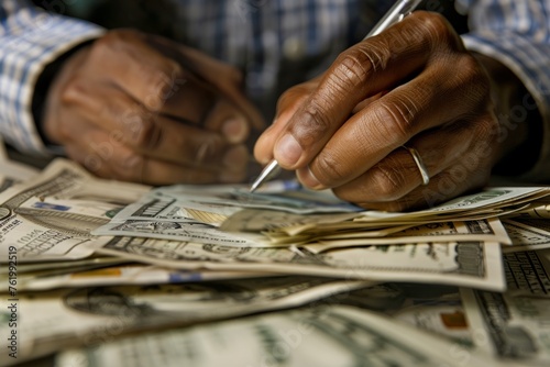 A man seated at a table, writing on a stack of cash, symbolizing financial success and achievement