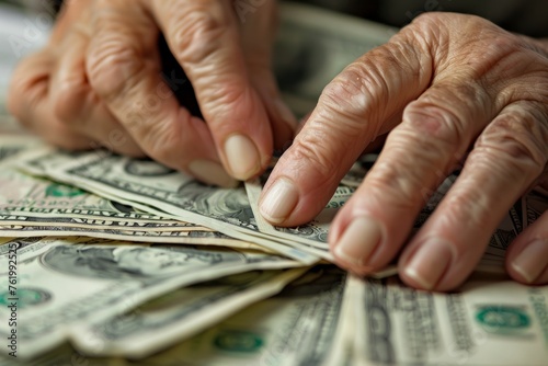 Hands of an elderly person rest on a stack of money, symbolizing financial success and achievement