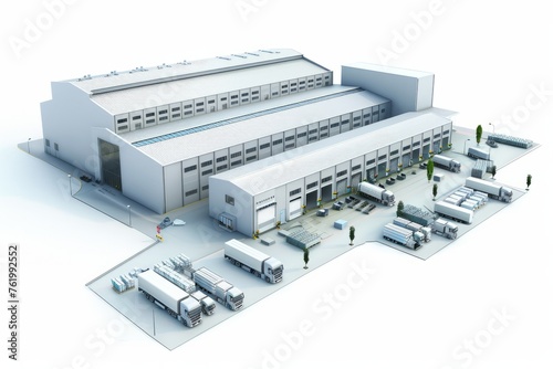 3D Render of manufacturing facility with production lines, warehouses, and loading docks, on isolated white background, Generative AI