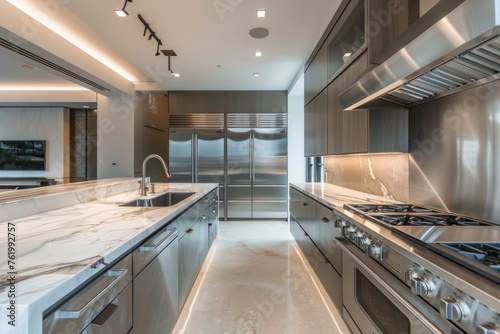 A wide-angle shot showcasing a sleek and contemporary kitchen filled with stainless steel appliances  marble countertops  and minimalist design elements