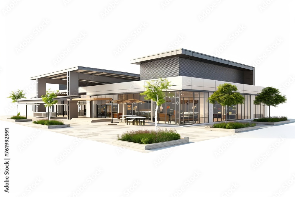 3D Render of modern retail plaza with storefronts, pedestrian walkways, and landscaped areas, on isolated white background, Generative AI