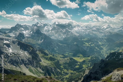 A high point view of a mountain range featuring snowcapped peaks and green valleys stretching into the distance