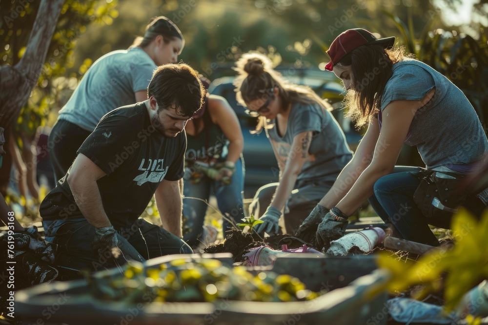A diverse group of volunteers actively gardening together in a community project, tending to plants and maintaining the garden - obrazy, fototapety, plakaty 