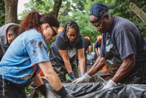 A diverse group of individuals actively engaged in working together on a community project like cleaning a park or serving meals at a local shelter