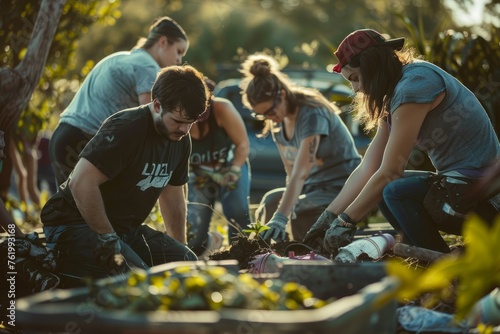 A diverse group of volunteers actively gardening together in a community project, tending to plants and maintaining the garden
