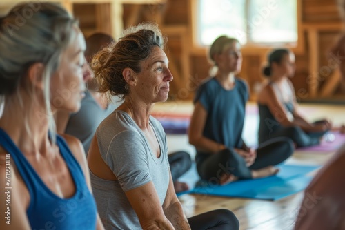 A group of individuals participating in a yoga class at a wellness retreat or workshop, engaging in various poses and mindfulness activities