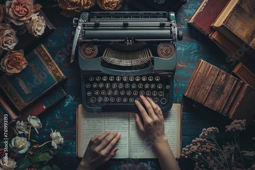 A persons hands typing on an old-fashioned typewriter with a stack of books and inspirational quotes in the background