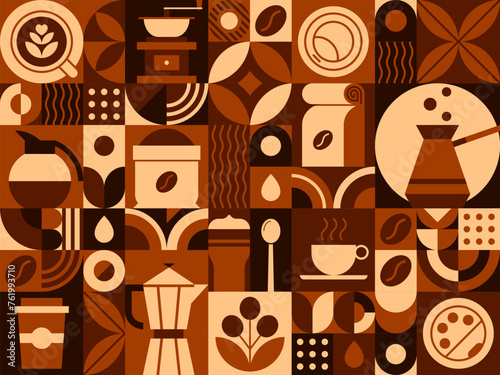 Hot coffee drink abstract geometric pattern. Geometrical shape composition, retro vector background or corporate identity abstract pattern with coffee bean, leaf, turkish jezve, takeaway paper cup