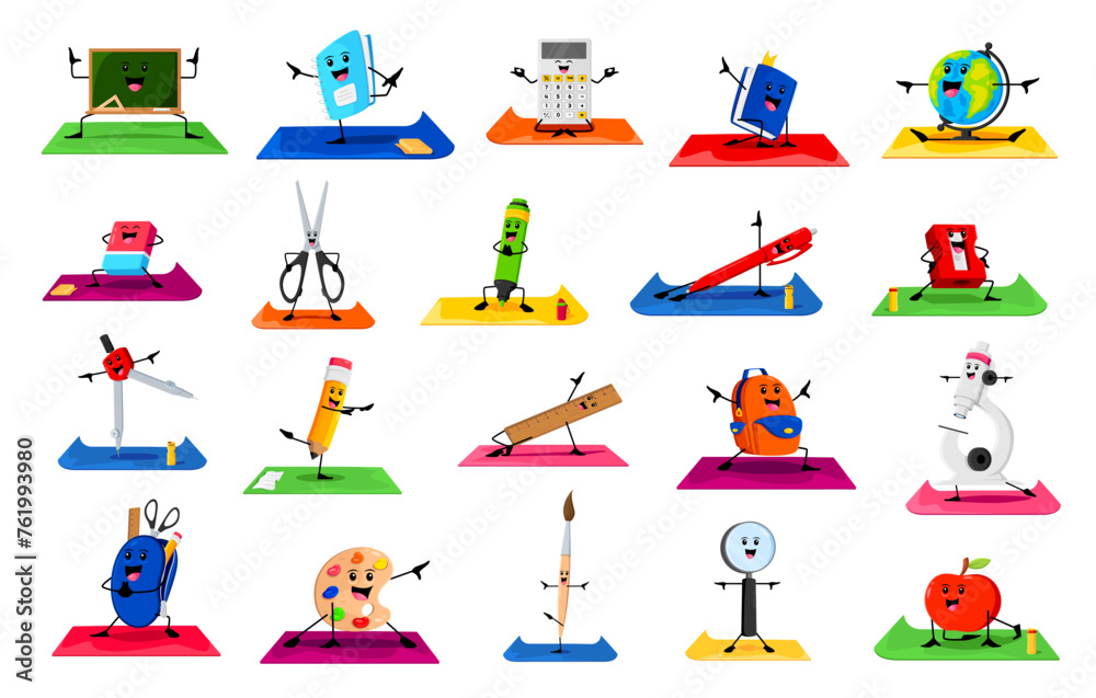 Naklejka premium Cartoon school supply characters on yoga fitness sport. Vector blackboard, notebook, calculator and textbook. Globe, eraser, scissors, felt-tip pen and pencil sharpener with pen. Compass, ruler, loupe